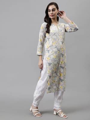 hand embroidered grey cotton lucknowi chikan kurta 4