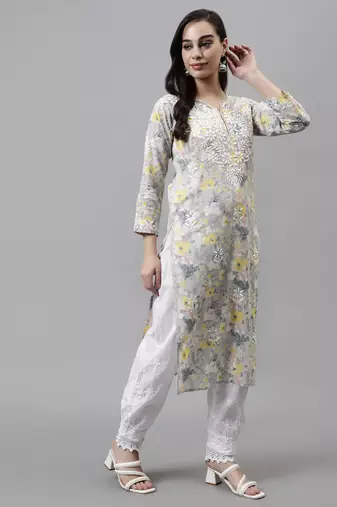 hand embroidered grey cotton lucknowi chikan kurta