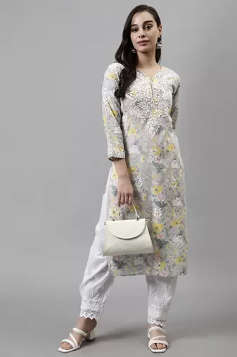 hand embroidered grey cotton lucknowi chikan kurta