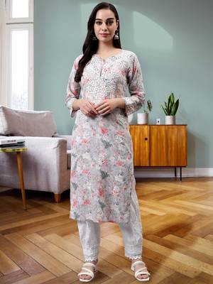 hand embroidered grey cotton lucknowi chikan kurta 1