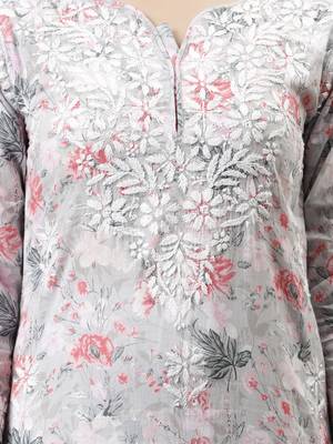 hand embroidered grey cotton lucknowi chikan kurta 3