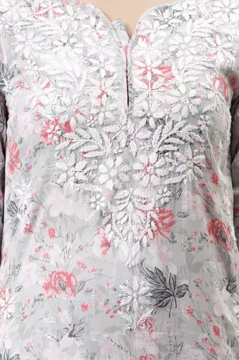 hand embroidered grey cotton lucknowi chikan kurta
