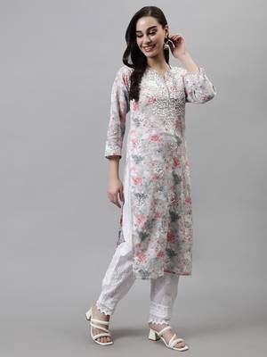 hand embroidered grey cotton lucknowi chikan kurta 4