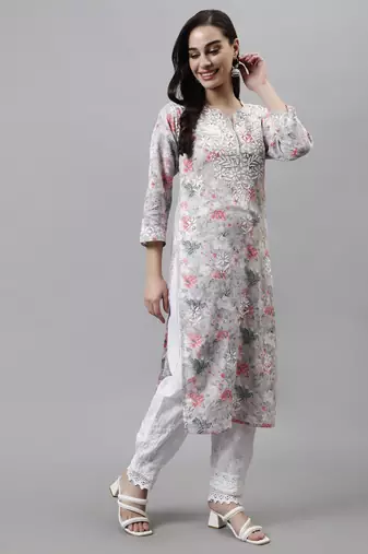 hand embroidered grey cotton lucknowi chikan kurta