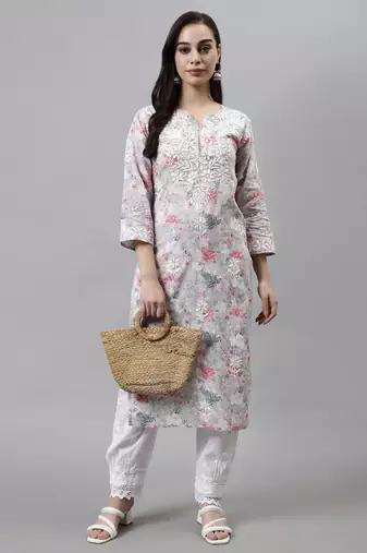 hand embroidered grey cotton lucknowi chikan kurta