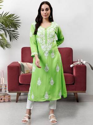 hand embroidered parrot green modal lucknowi chikan kurta 1