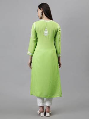hand embroidered parrot green modal lucknowi chikan kurta 2