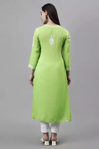 hand embroidered parrot green modal lucknowi chikan kurta