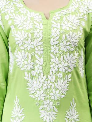 hand embroidered parrot green modal lucknowi chikan kurta 3