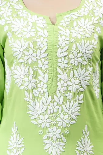 hand embroidered parrot green modal lucknowi chikan kurta