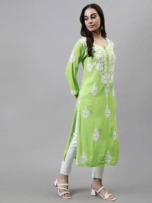 hand embroidered parrot green modal lucknowi chikan kurta 4