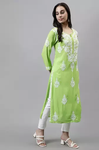 hand embroidered parrot green modal lucknowi chikan kurta