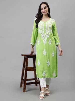 hand embroidered parrot green modal lucknowi chikan kurta 5