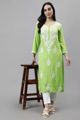 hand embroidered parrot green modal lucknowi chikan kurta