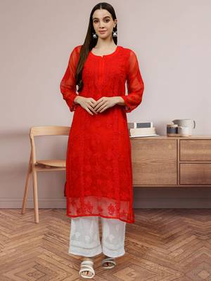 hand embroidered red georgette lucknowi chikan kurta with slip 1