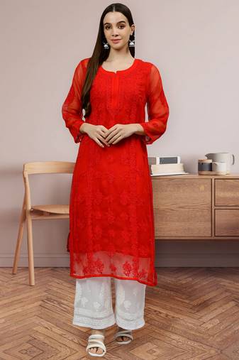 hand embroidered red georgette lucknowi chikan kurta with slip