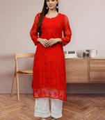 hand embroidered red georgette lucknowi chikan kurta with slip