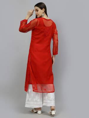 hand embroidered red georgette lucknowi chikan kurta with slip 2