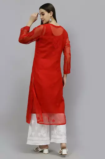 hand embroidered red georgette lucknowi chikan kurta with slip