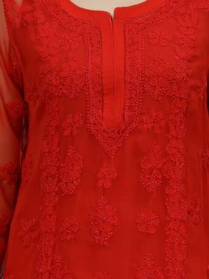 hand embroidered red georgette lucknowi chikan kurta with slip 3