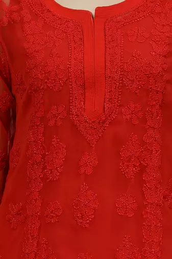 hand embroidered red georgette lucknowi chikan kurta with slip