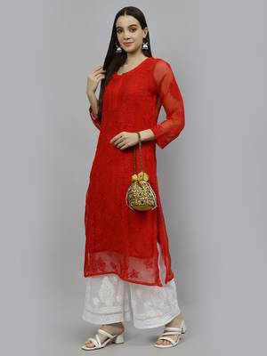 hand embroidered red georgette lucknowi chikan kurta with slip 4