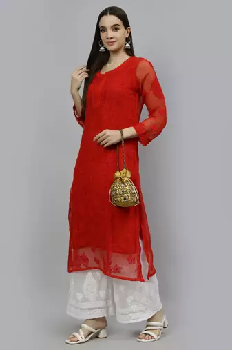 hand embroidered red georgette lucknowi chikan kurta with slip
