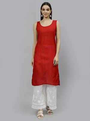 hand embroidered red georgette lucknowi chikan kurta with slip 5