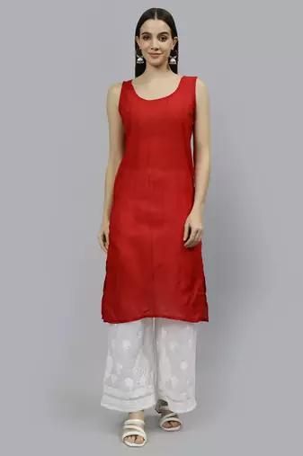 hand embroidered red georgette lucknowi chikan kurta with slip
