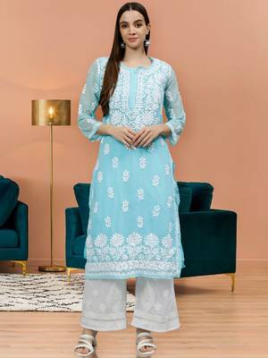 hand embroidered blue georgette lucknowi chikan kurta with slip 1