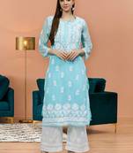 hand embroidered blue georgette lucknowi chikan kurta with slip