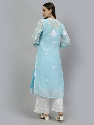 hand embroidered blue georgette lucknowi chikan kurta with slip 2