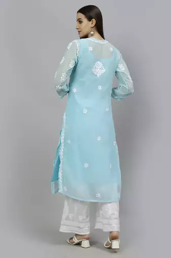 hand embroidered blue georgette lucknowi chikan kurta with slip