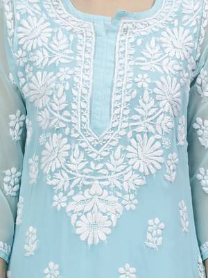 hand embroidered blue georgette lucknowi chikan kurta with slip 3