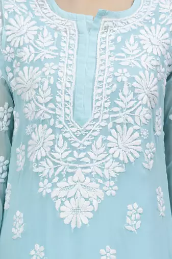 hand embroidered blue georgette lucknowi chikan kurta with slip