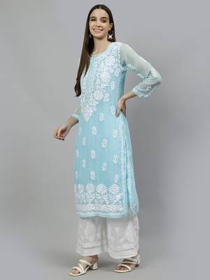 hand embroidered blue georgette lucknowi chikan kurta with slip 4