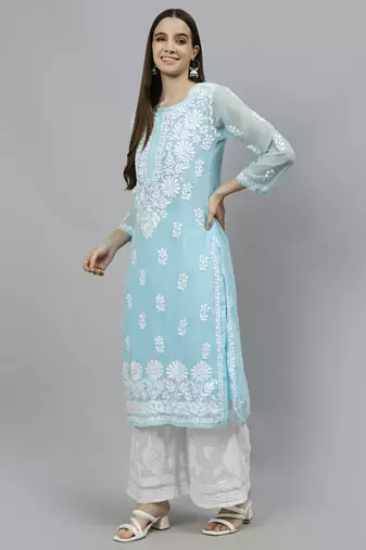 hand embroidered blue georgette lucknowi chikan kurta with slip