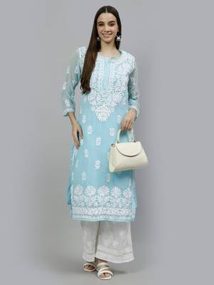 hand embroidered blue georgette lucknowi chikan kurta with slip 5