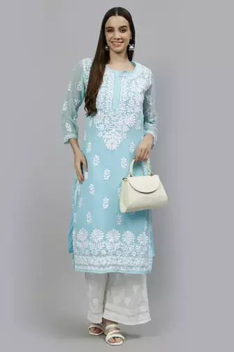 hand embroidered blue georgette lucknowi chikan kurta with slip