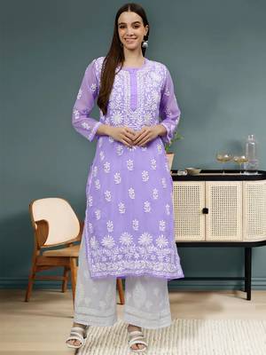 hand embroidered lavender georgette lucknowi chikan kurta with slip 1