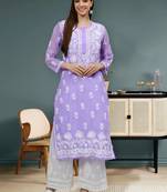 hand embroidered lavender georgette lucknowi chikan kurta with slip