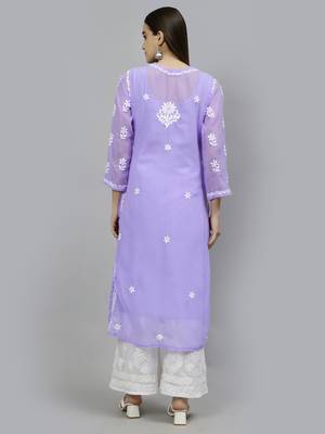 hand embroidered lavender georgette lucknowi chikan kurta with slip 2