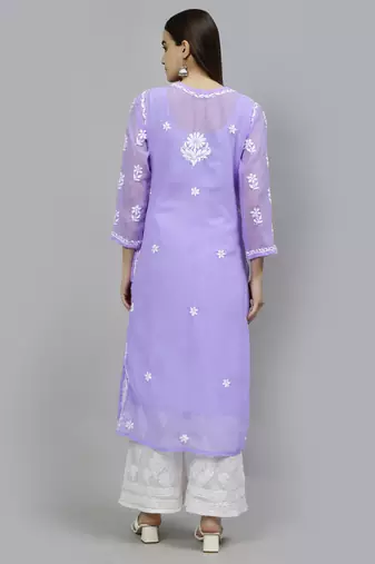 hand embroidered lavender georgette lucknowi chikan kurta with slip