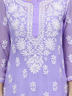 hand embroidered lavender georgette lucknowi chikan kurta with slip 3