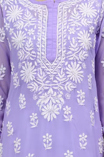 hand embroidered lavender georgette lucknowi chikan kurta with slip