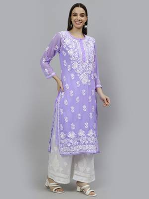 hand embroidered lavender georgette lucknowi chikan kurta with slip 4