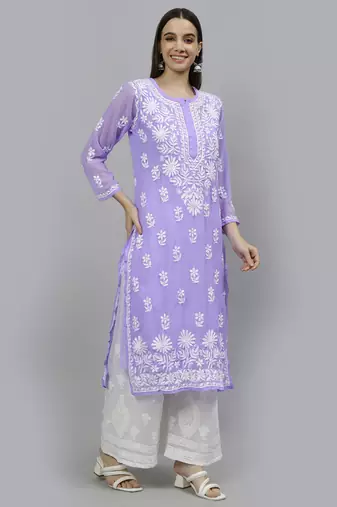 hand embroidered lavender georgette lucknowi chikan kurta with slip