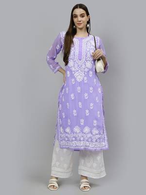 hand embroidered lavender georgette lucknowi chikan kurta with slip 5