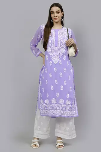 hand embroidered lavender georgette lucknowi chikan kurta with slip