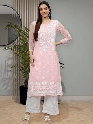 hand embroidered pink georgette lucknowi chikan kurta with slip 1